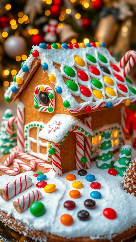 Decorated Christmas Cookie House Recipe A decorated gingerbread cookie house with icing and candies on a festive table.